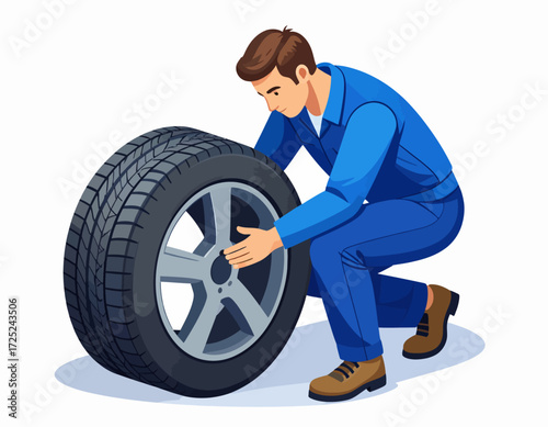 Professional auto mechanic inspecting a car tire during a routine check in a clean workshop environment, ensuring safety and performance