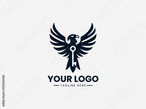 Minimalist bird vector logo with antique key symbol for security company or locksmith business branding