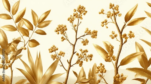 Elegant golden botanical illustration featuring various plants and flowers on a soft background