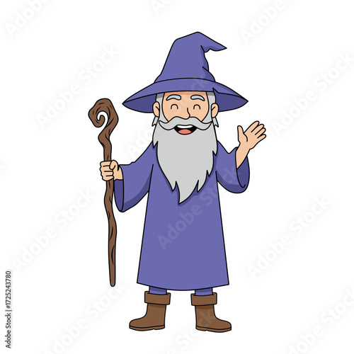 Vector illustration of an old wizard with a magic staff, long beard, and pointed hat. Fantasy sorcerer design for mascot, fairytale, or magical story concept