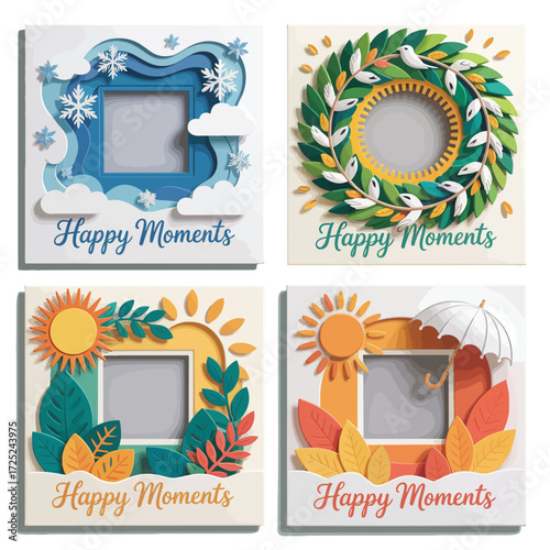 Four distinct paper-cut style frames representing the seasons winter, spring, summer, and autumn, designed for displaying cherished happy moments