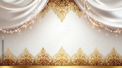 Elegant golden and white backdrop with draped fabric and sparkling lights for events