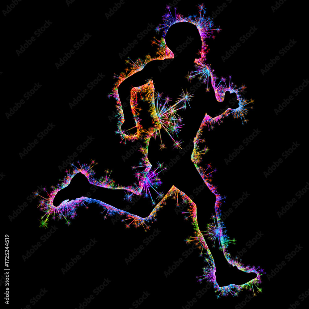 Fototapeta premium Kolorowe zimne ognie i fajerwerki układające się w postać biegnącego mężczyzny