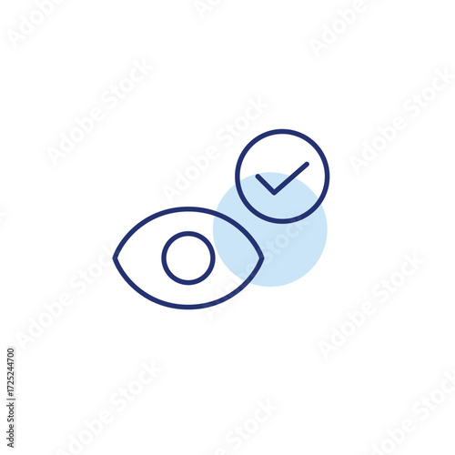 Eye and checkmark. Successful sight exam, turn on visibility. Pixel perfect, editable stroke vector icon