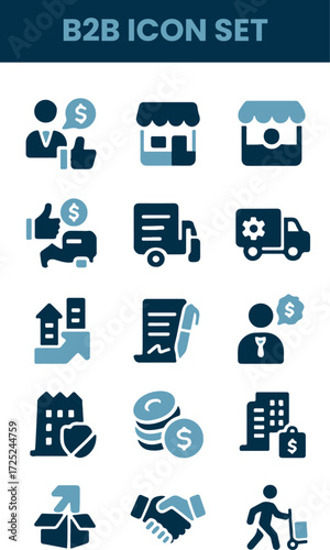 B2B Icon Set – Solid Vector Collection of Business to Business, Supplier, Commerce, Vendor, Enterprise, Partnership, Manufacturer, Purchase Order, Supply Chain, Transaction, Quotation and More