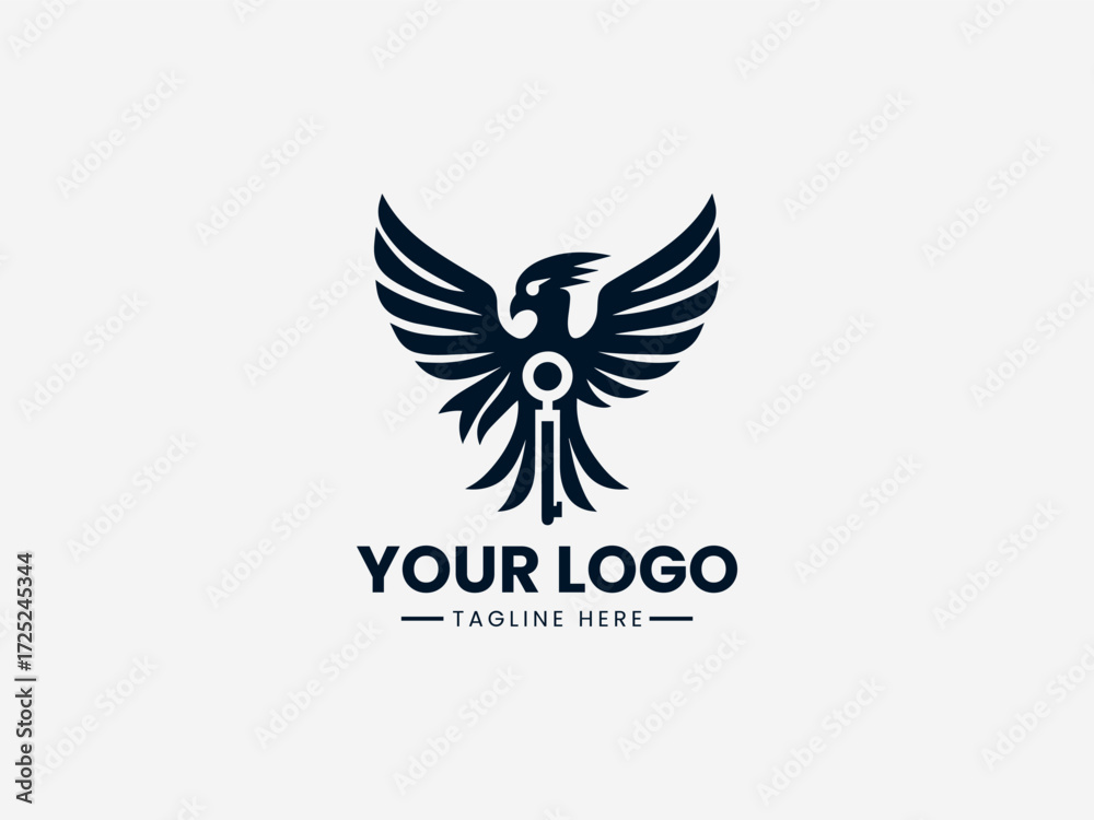 Fototapeta premium Minimalist bird vector logo with antique key symbol for security company or locksmith business branding