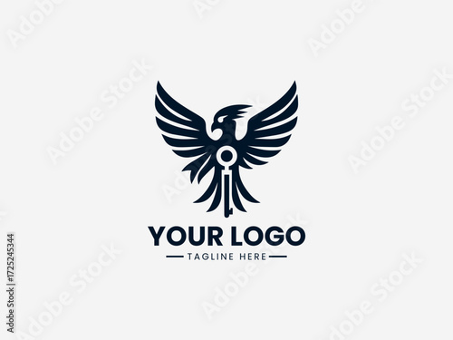 Minimalist bird vector logo with antique key symbol for security company or locksmith business branding