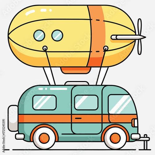 Charming vector illustration of a retro-style camper van topped with a colorful blimp, depicting an imaginative and adventurous journey for exploring new horizons