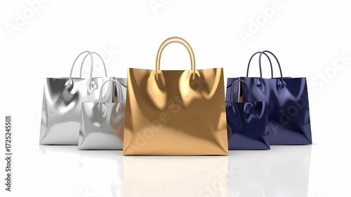 A sleek and modern 3D render of a shopping bag set, with each bag isolated and displayed in a minimalistic way. The bags are made of a shiny, metallic material with a white background.