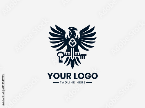 Minimalist bird vector logo with antique key symbol for security company or locksmith business branding