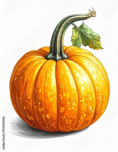 Vibrant Orange Pumpkin with Green Stem and Leaf on White Background Detailed Still Life