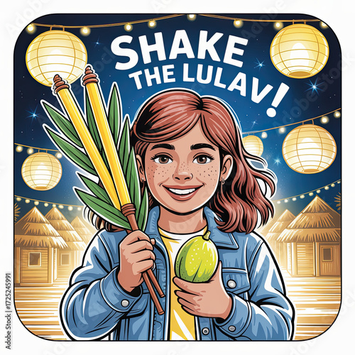 - Girl holding lulav and etrog smiling in festive sukkah background