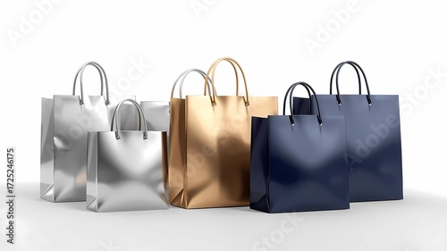 A sleek and modern 3D render of a shopping bag set, with each bag isolated and displayed in a minimalistic way. The bags are made of a shiny, metallic material with a white background.