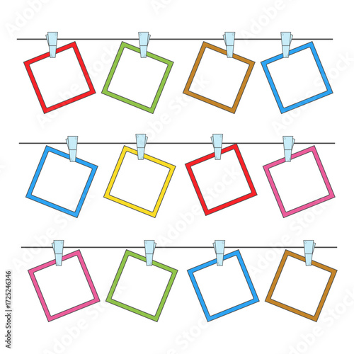 Colorful photo frame with clips on a string, featuring sets of empty square frames in different colors