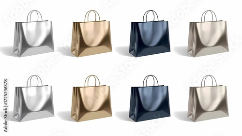 A sleek and modern 3D render of a shopping bag set, with each bag isolated and displayed in a minimalistic way. The bags are made of a shiny, metallic material with a white background.