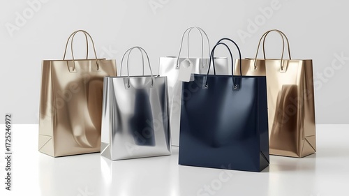 A sleek and modern 3D render of a shopping bag set, with each bag isolated and displayed in a minimalistic way. The bags are made of a shiny, metallic material with a white background.