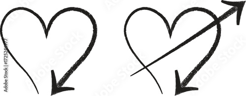 Hand drawn sketch hearts with arrow symbols in simple black line style. Romantic love and relationship concept illustration. Minimal doodle design for Valentine or wedding theme.