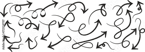 Collection of hand drawn curly arrows with loops and swirls in sketch style. Decorative direction icons for design, infographic, and creative highlights. Simple doodle arrow illustration set.