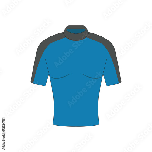 Blue swimming shirt vector illustration, short sleeve rash guard for water sports, surfing, diving, and pool training. Functional swimwear design icon for protection, comfort, and aquatic activities.
