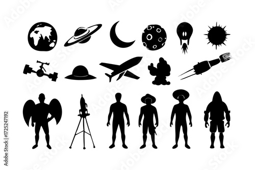 Collection of black silhouettes including planets, space objects, and human figures in various attire