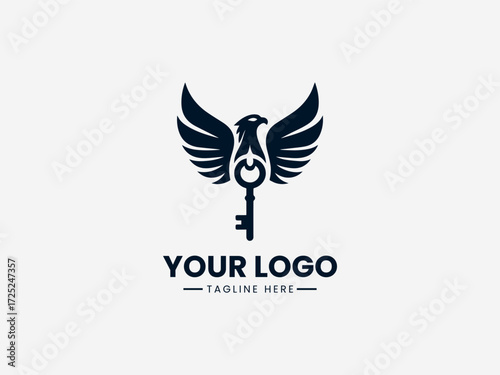 Minimalist bird vector logo with antique key symbol for security company or locksmith business branding