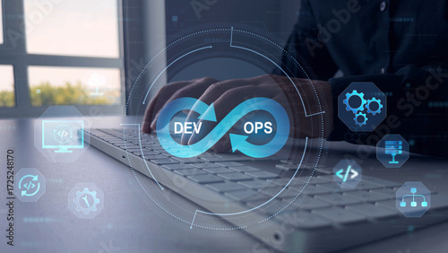 Fotografía DevOps culture with agile development, automation, and continuous integration, showing coding, teamwork, and innovation for modern software, business, and digital transformation