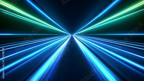 A dynamic, futuristic tunnel effect is created with vibrant blue and green neon light streaks converging towards a central vanishing point.
