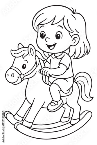 Girl on Rocking Horse - Coloring Page for Kids