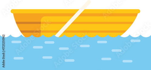 Simple and elegant vector illustration of a wooden boat floating peacefully on blue water, featuring a single paddle