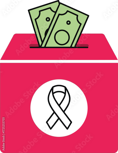 Charity donation box with money and awareness ribbon symbol supporting fundraising for health causes vector
