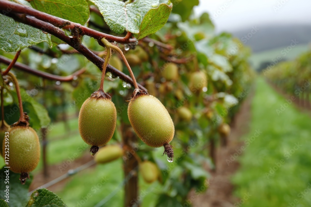 Obraz premium Vibrant Kiwi Orchard in New Zealand: Lush Green Trees and Bountiful Fruits Ready for Harvest