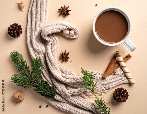 Cozy winter flat lay with hot chocolate, pinecones, and a knitted scarf Generative AI