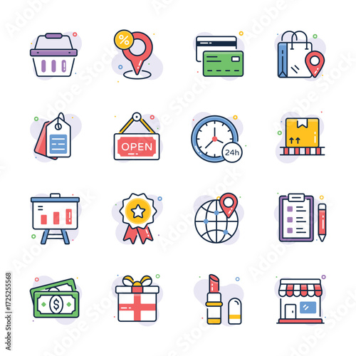 Take a look at this amazing shopping and ecommerce flat outline icons