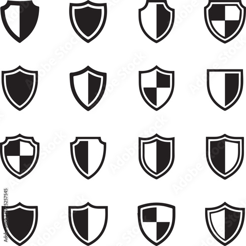 Collection of diverse shield icons representing security protection strength and heraldry