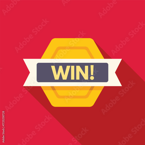 Gold hexagon with win ribbon celebrating victory and success, with long shadow on red background