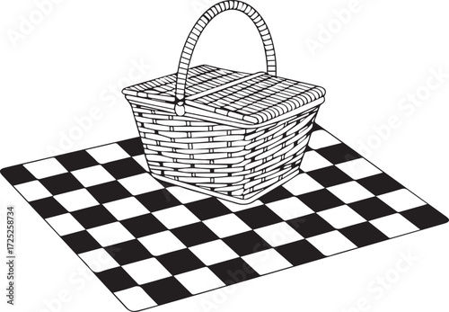 Wicker picnic basket rests on a classic checkered blanket for outdoor dining and relaxation