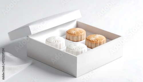 Mooncakes presented in a lacquered wooden box with silk fabric inside. Mooncake Festival also known as the Mid-Autumn Festival is a traditional celebration in many Asian cultures