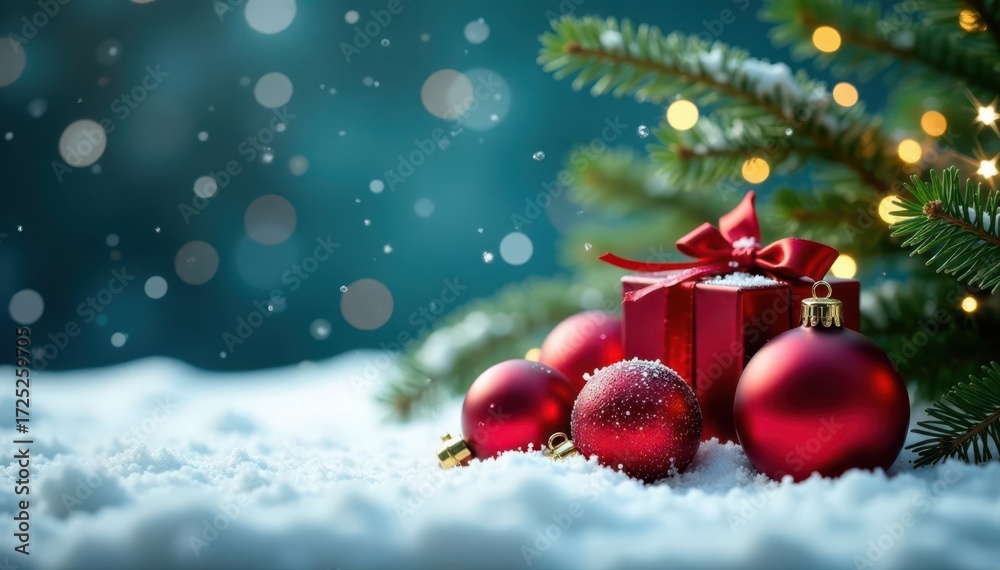 Naklejka premium Red baubles, snowy scene, gift boxes, twinkling lights, pine branches , boxes, decorations, christmas illumination