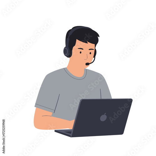 Remote Worker Avatar Icon – Flat Design Vector People with Headset and Laptop