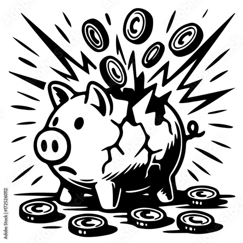Broken piggy bank with coins spilling out black and white