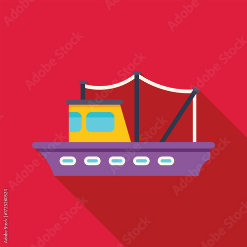 Purple and yellow fishing boat sailing on red background, long shadow