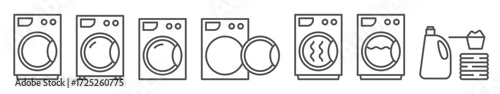 Set of washing machine linear icons isolated on transparent background. Editable stroke. Outline washer symbols with open and closed door. Perfect for laundry, cleaning and household themes.
