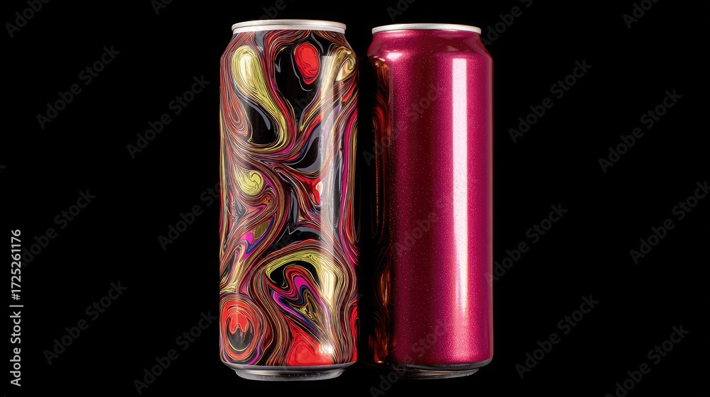 Fototapeta premium Two colorful metal beverage cans against a black background.