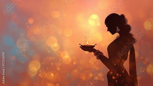 Silhouette of Woman Praying with Diya at Sunset