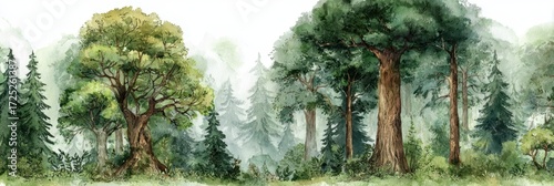 Whimsical Watercolor Fairytale: Enchanting Forest with Majestic Pines and Mystical Energy