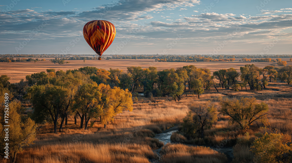 Obraz premium Hot air balloon gliding over a tranquil autumn landscape at sunset