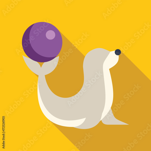 Trained seal balancing a purple ball on its nose during a circus show