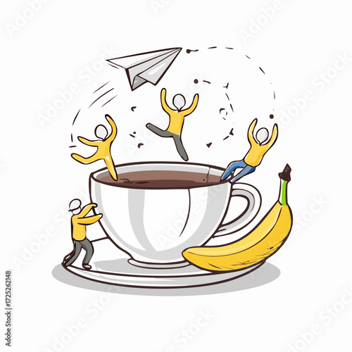 Cartoon illustration of people around a giant coffee cup with a banana.