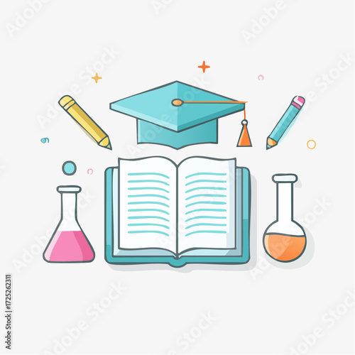 Illustration of education elements: book, graduation cap, flasks, and pencils.