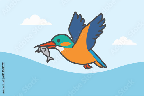 Cartoon kingfisher bird flying with a fish in its beak
